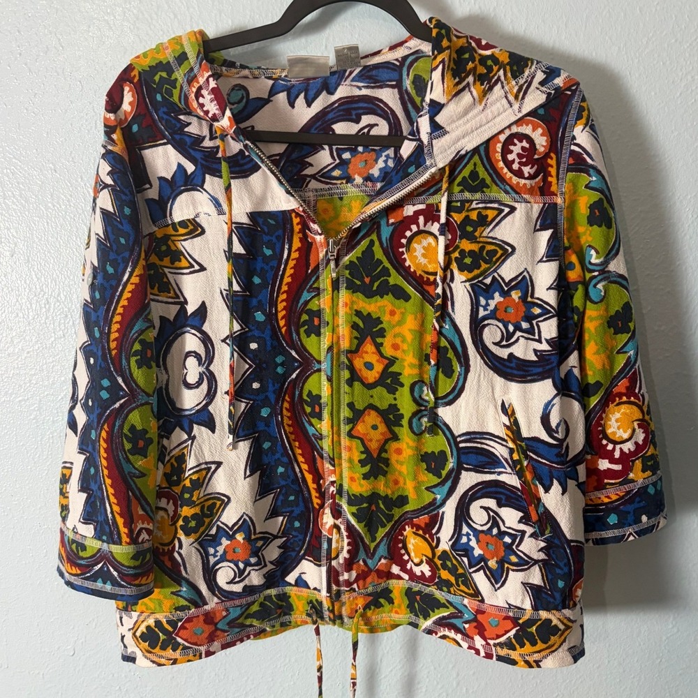 Chicos Women Paisley Full Zip Hoodie Cotton Multi Color 3/4 Sleeve M Boho Artsy